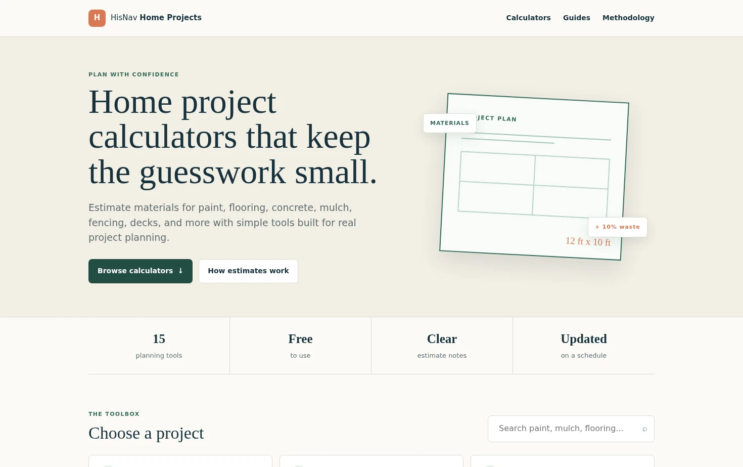 Home Project Calculators 页面快照